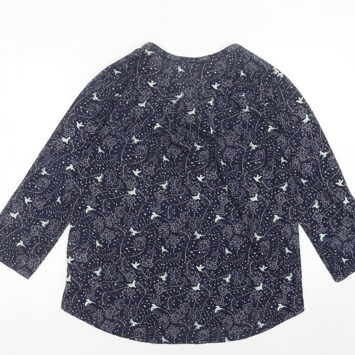 H&M Womens Blue Bird Print Tunic Blouse Size 12 V-Neck 3/4 Sleeve