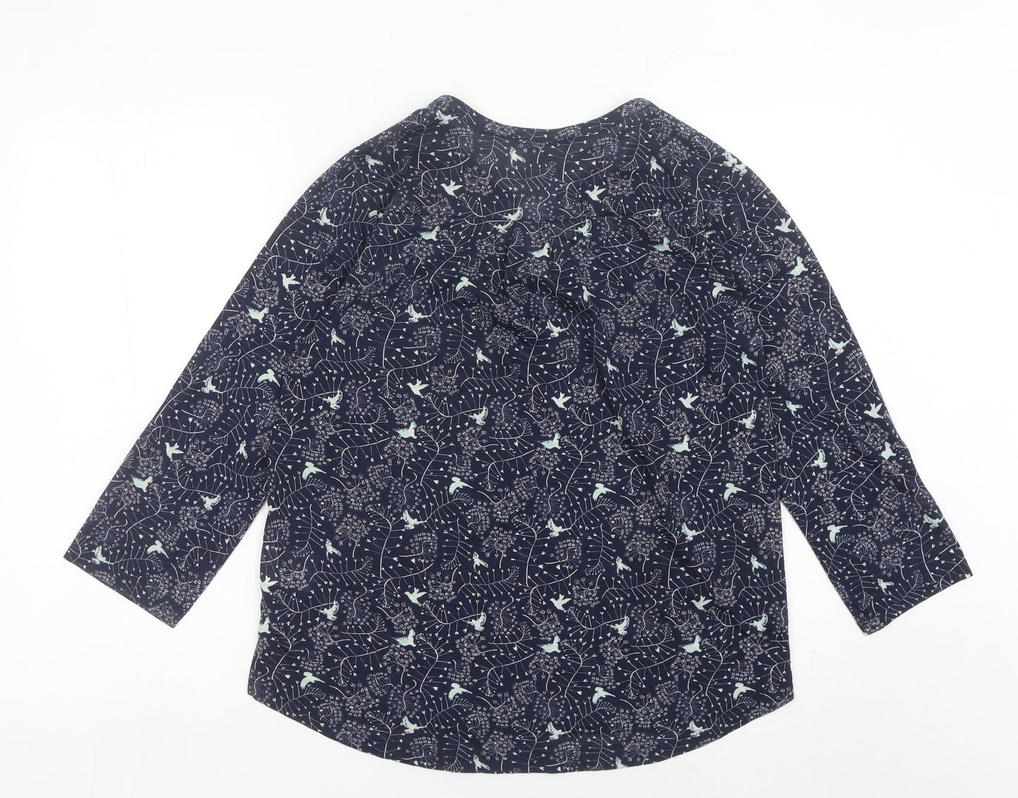 H&M Womens Blue Bird Print Tunic Blouse Size 12 V-Neck 3/4 Sleeve