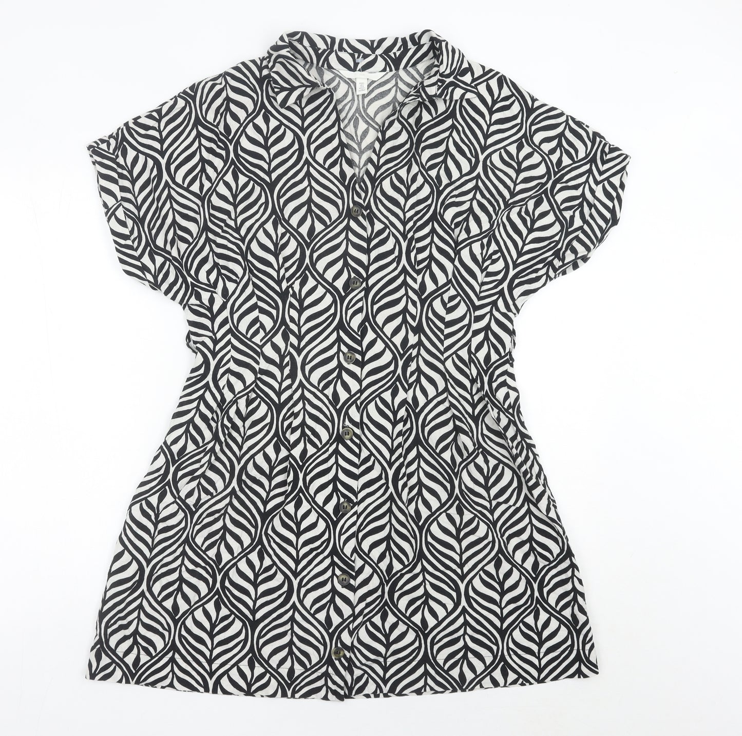 H&M Women Black Short Sleeve Shirt Dress Size 8 Cotton Casual