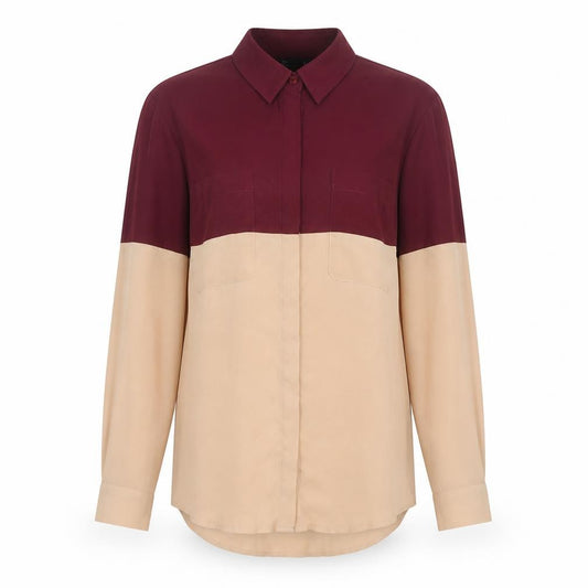 Front view of ASOS DESIGN Women’s Colourblock Beige Red Button-Up Shirt UK 6