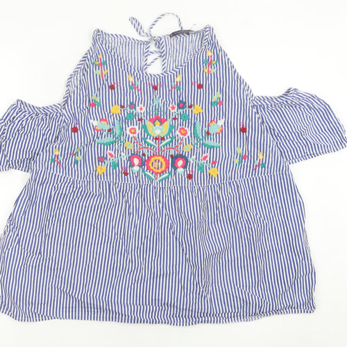 Mango Women’s Blue Embroidered Floral Stripe Blouse Size 14