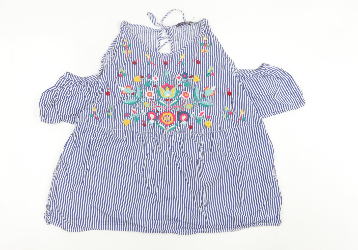 Mango Women’s Blue Embroidered Floral Stripe Blouse Size 14