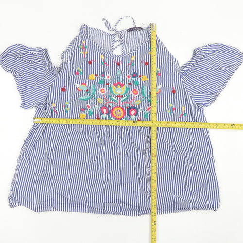 Mango Women’s Blue Embroidered Floral Stripe Blouse Size 14