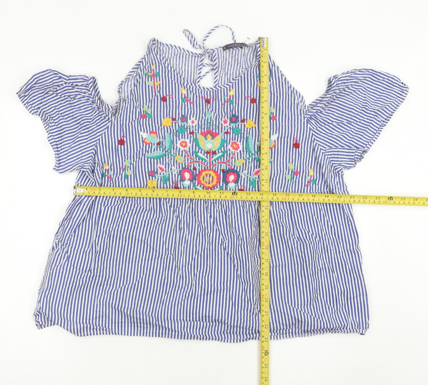Mango Women’s Blue Embroidered Floral Stripe Blouse Size 14