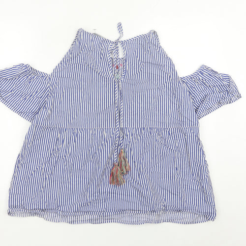 Mango Women’s Blue Embroidered Floral Stripe Blouse Size 14