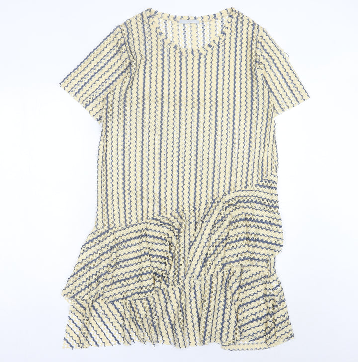 Zara Women Beige Blue Striped Shift Knee Length Dress Size 8
