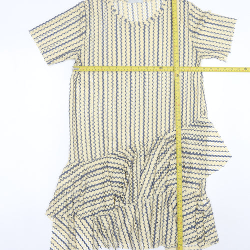 Zara Women Beige Blue Striped Shift Knee Length Dress Size 8