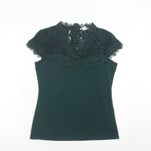 H&M Women’s Green Lace V-Neck Blouse Top Size S Slim Fit