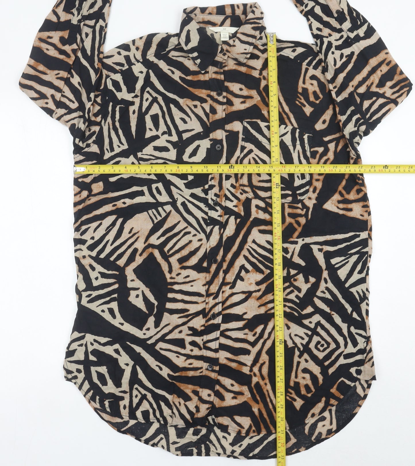 H&M Women’s XS Shirt Dress Black Brown Beige Geometric Linen Blend