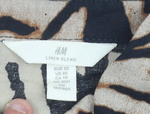 H&M Women’s XS Shirt Dress Black Brown Beige Geometric Linen Blend