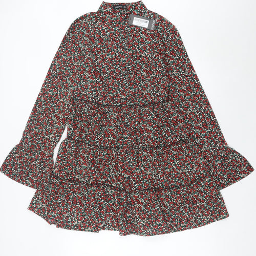 Boohoo Womens Multicoloured Floral A-Line Dress UK 14 Long Sleeve Short
