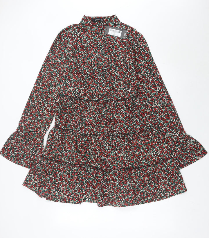 Boohoo Womens Multicoloured Floral A-Line Dress UK 14 Long Sleeve Short