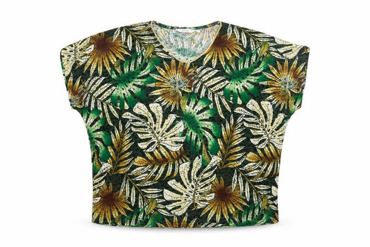 Front view of Isle Women’s Multicoloured Tropical Leaf V-Neck T-Shirt, size S, 10-12