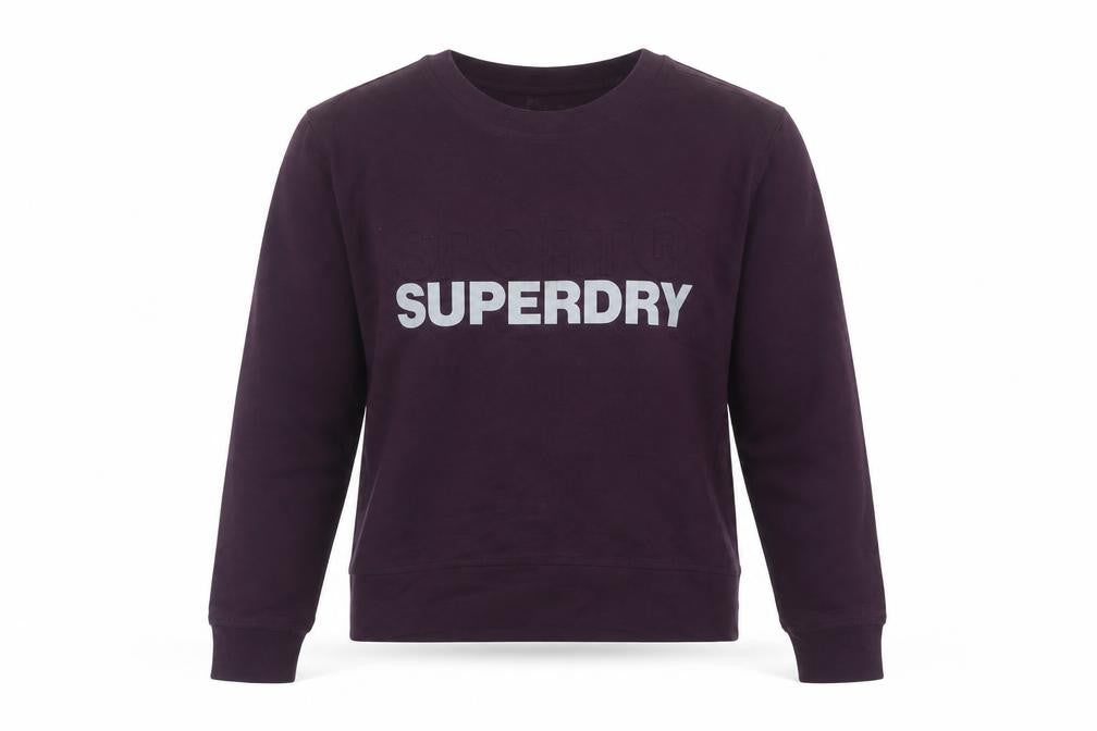 Front view of Superdry women’s purple xs pullover sweatshirt logo print