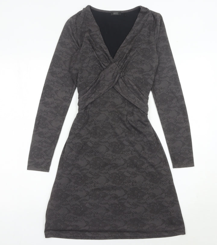 Esprit Women’s Grey XS Wrap Dress Long Sleeve Floral Belted