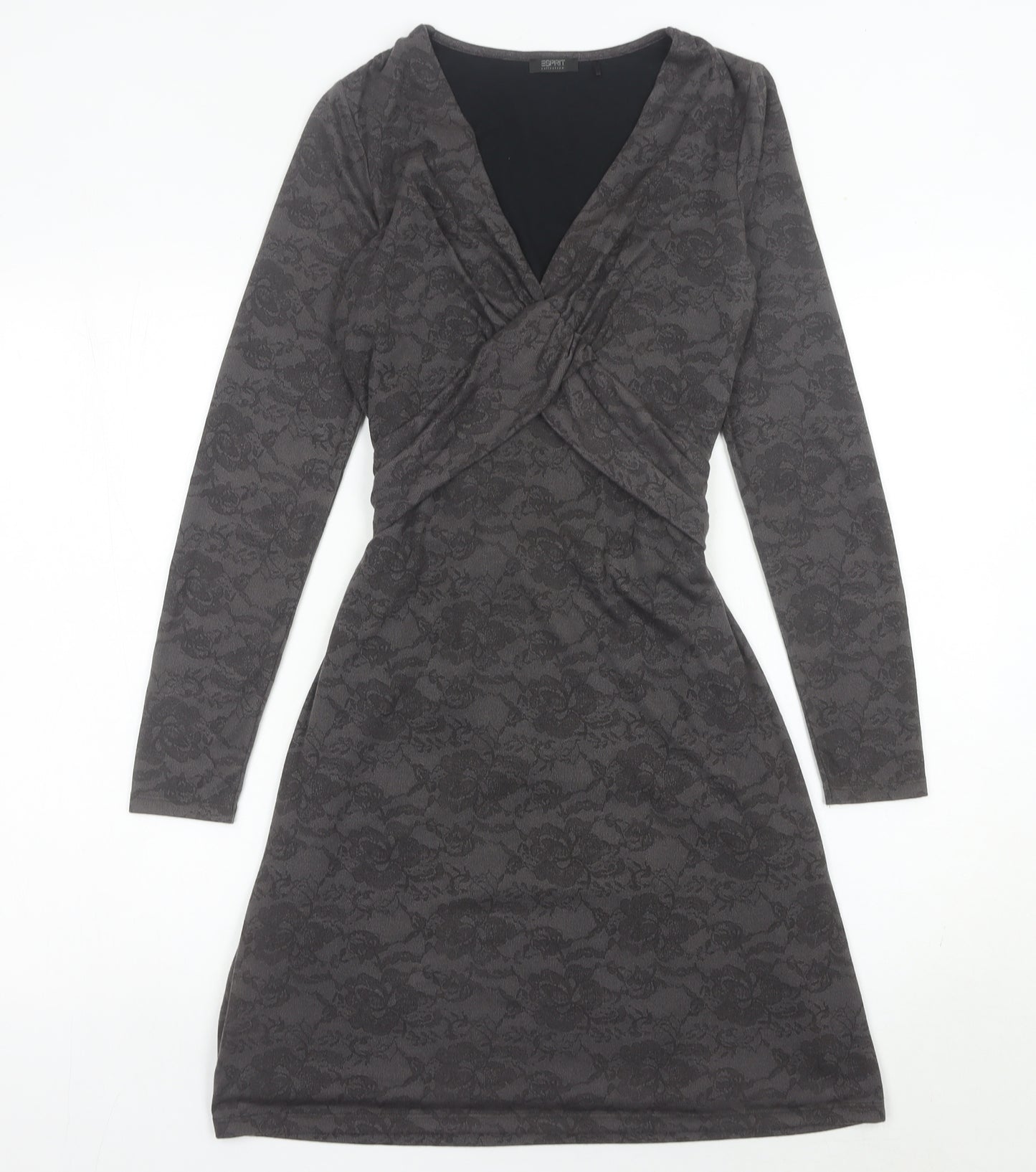Esprit Women’s Grey XS Wrap Dress Long Sleeve Floral Belted