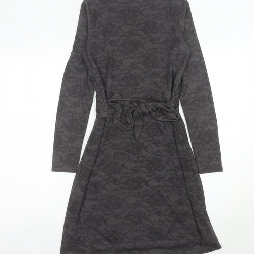 Esprit Women’s Grey XS Wrap Dress Long Sleeve Floral Belted