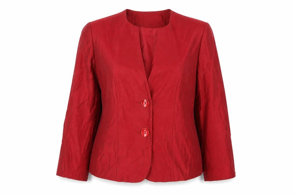 Front view of Country Casuals Women’s Red Suit Jacket, size UK 12, Single Breasted Formal Blazer