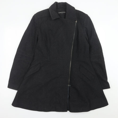 Warehouse Women’s Black Wool Blend Zip Coat Size 14 Mid-Length