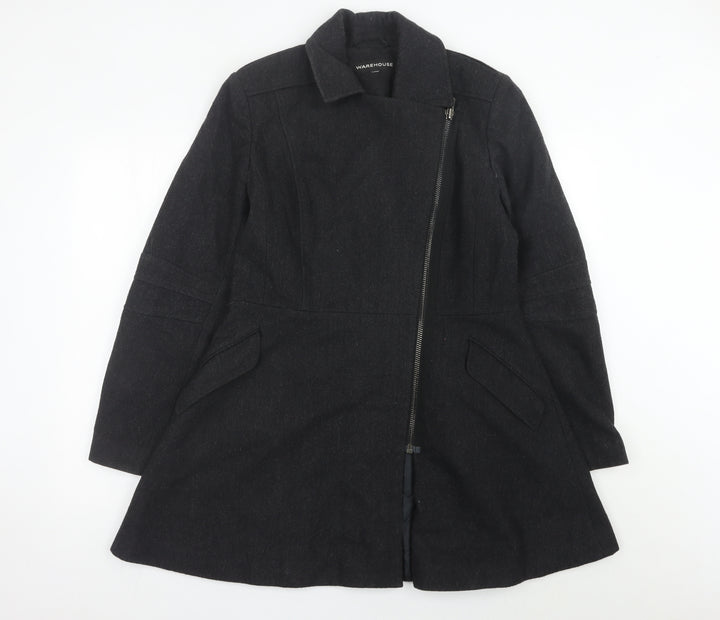 Warehouse Women’s Black Wool Blend Zip Coat Size 14 Mid-Length