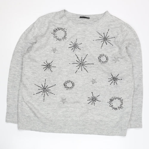 Wallis Women’s Grey Beaded Pullover Jumper Size L Crew Neck Knit