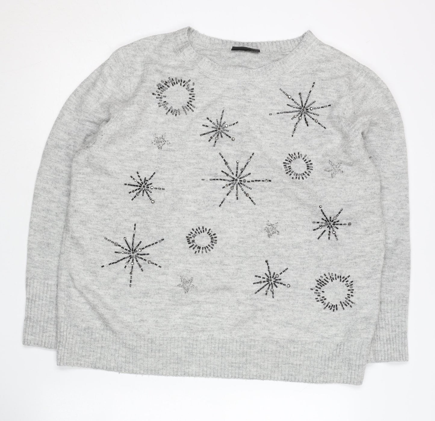 Wallis Women’s Grey Beaded Pullover Jumper Size L Crew Neck Knit