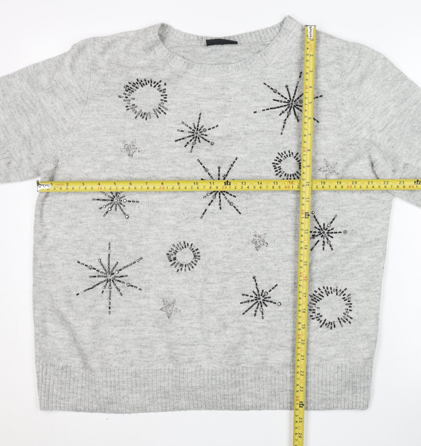 Wallis Women’s Grey Beaded Pullover Jumper Size L Crew Neck Knit