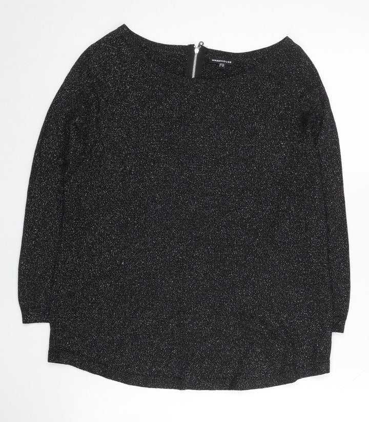 Warehouse Women’s Black Glitter Zip Back Pullover Jumper UK 10