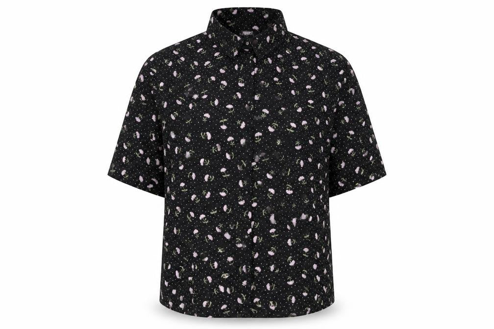 Front view of Monki women’s black floral button-up shirt, size S, short sleeve