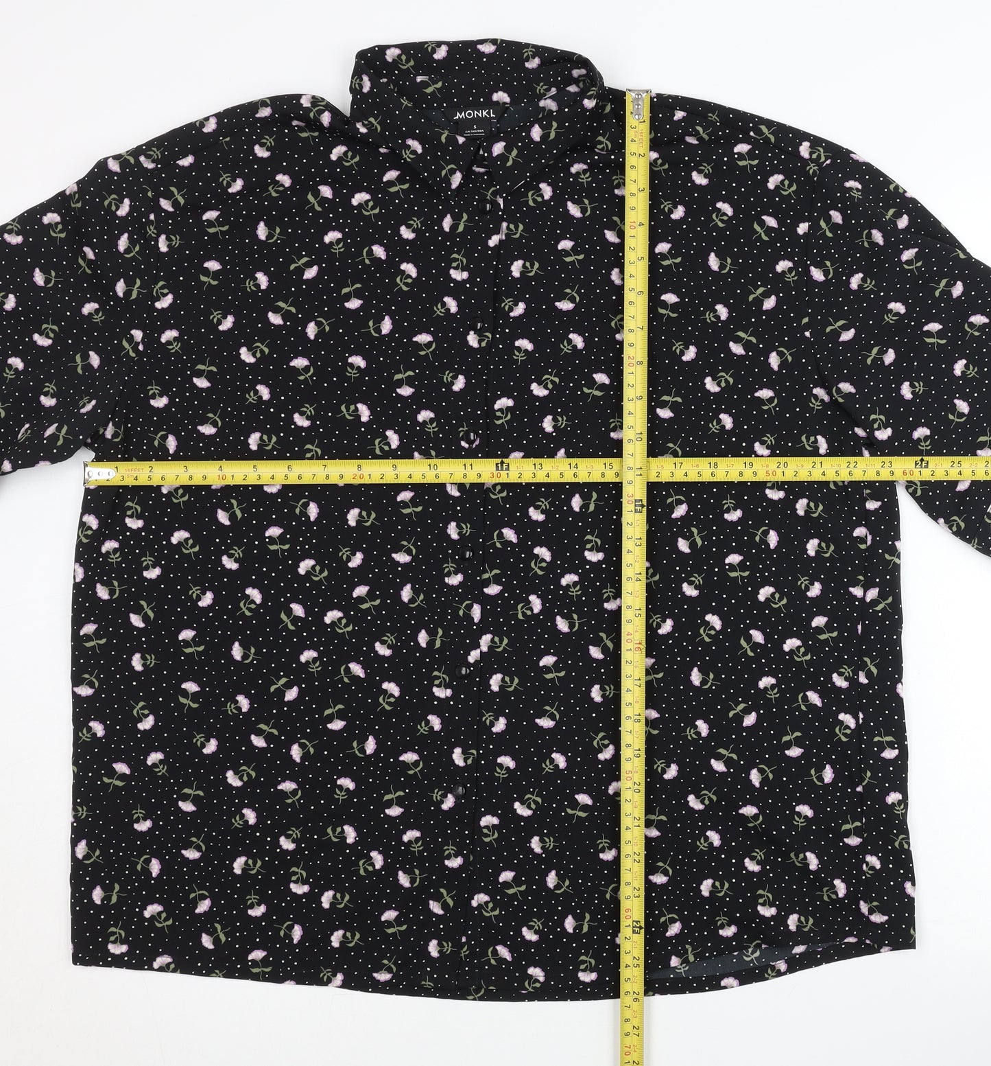 Monki Womens Black Floral Button-Up Shirt Size S Short Sleeve