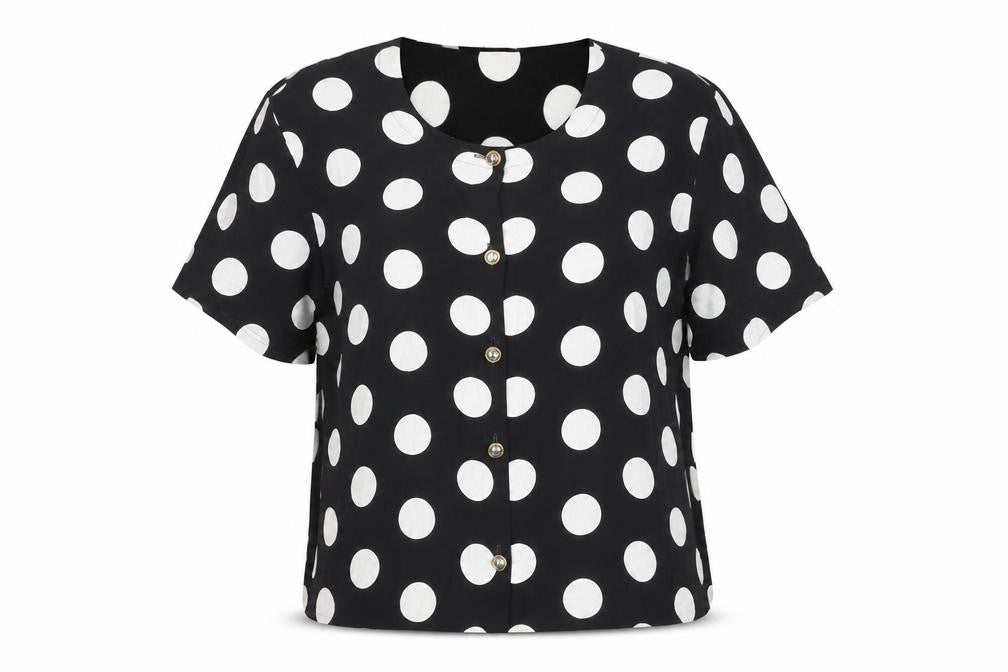 Front view of St Michael women’s black polka dot blouse, size UK 20, short sleeve retro