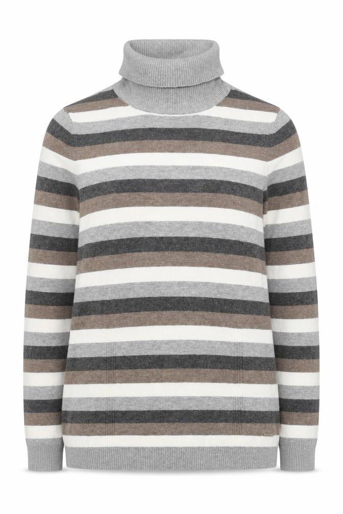 Front view of Bianca women’s grey striped roll neck jumper, size UK 12