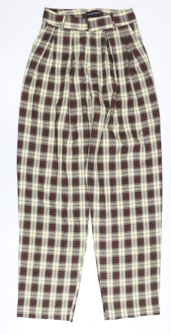 PrettyLittleThing Women’s Brown Plaid High Rise Pleated Chino Trousers Size 6