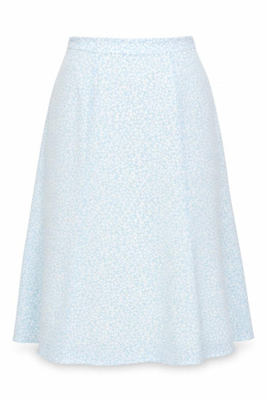 Front view of Eastex Women’s Blue Floral Midi A-Line Skirt, size UK 14, Polyester