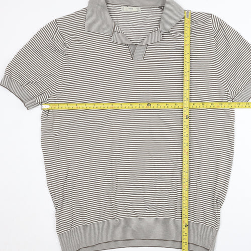 MNG Men Grey Striped 2XL Polo Shirt Cotton Blend Short Sleeve