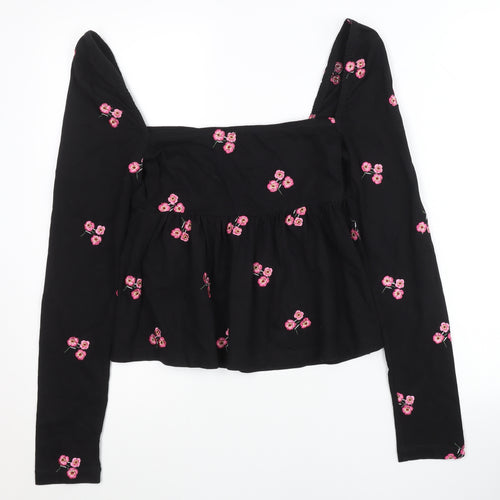 ASOS Women’s Black Floral Embroidered Cotton Cropped Blouse Size 10
