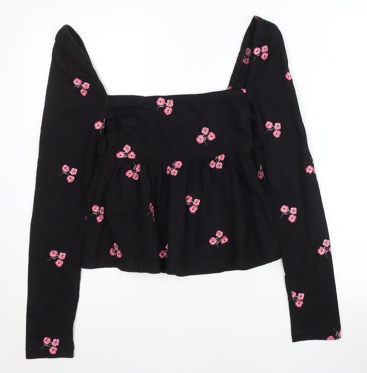 ASOS Women’s Black Floral Embroidered Cotton Cropped Blouse Size 10