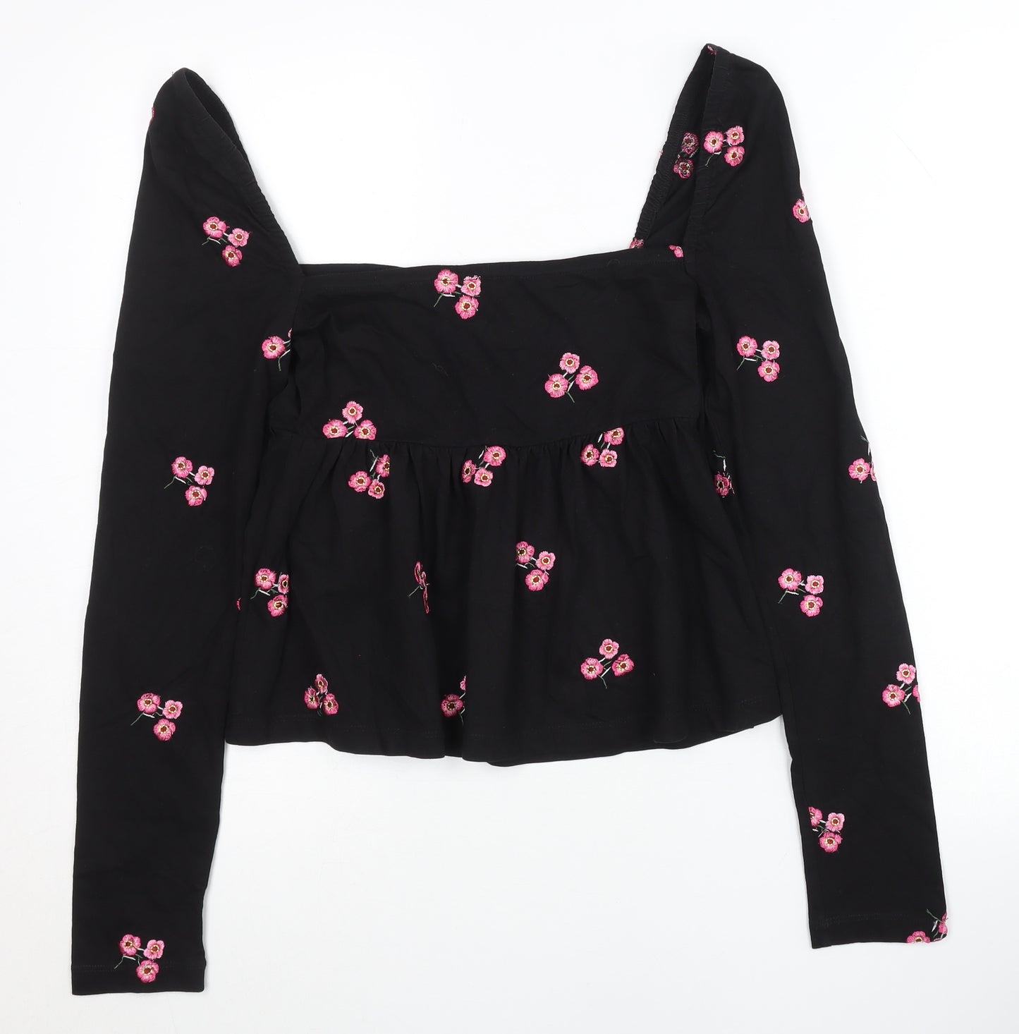 ASOS Women’s Black Floral Embroidered Cotton Cropped Blouse Size 10