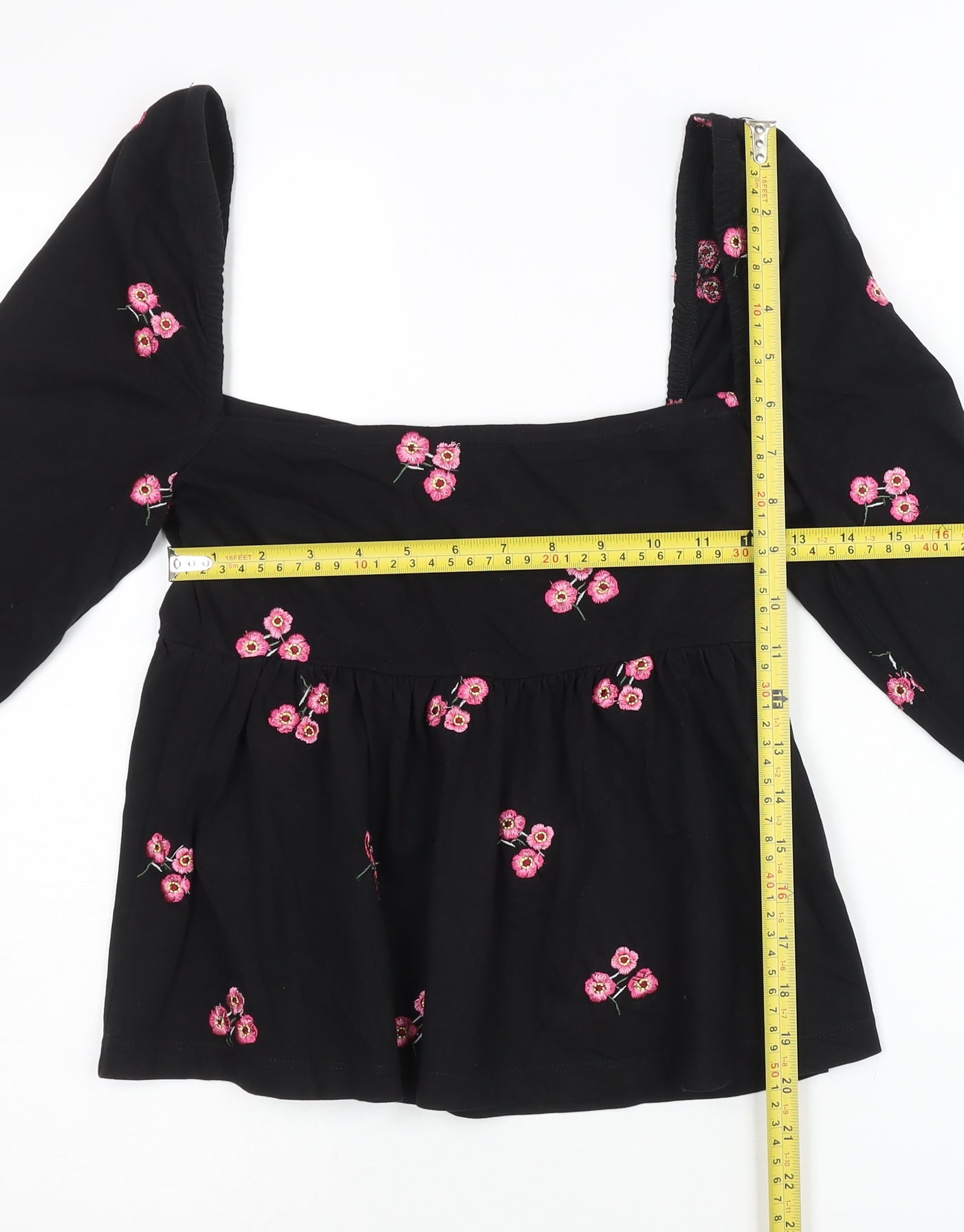 ASOS Women’s Black Floral Embroidered Cotton Cropped Blouse Size 10