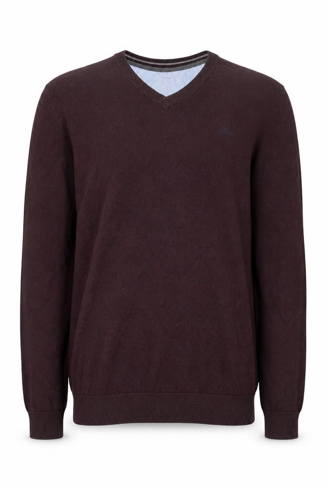 Front view of s.Oliver Men’s Brown Cotton V-Neck Jumper, size S
