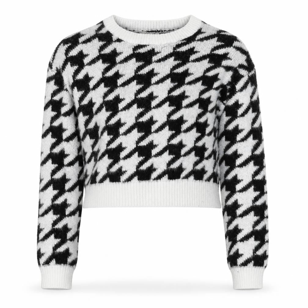 Front view of Kylie girls’ black white houndstooth jumper 12 years long sleeve