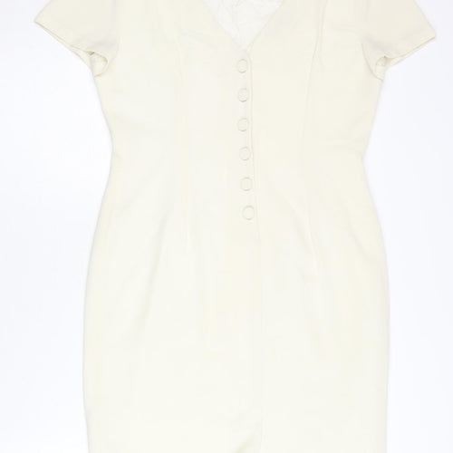 Next Women’s Ivory Sheath Dress Size 12 V-Neck Button Lined