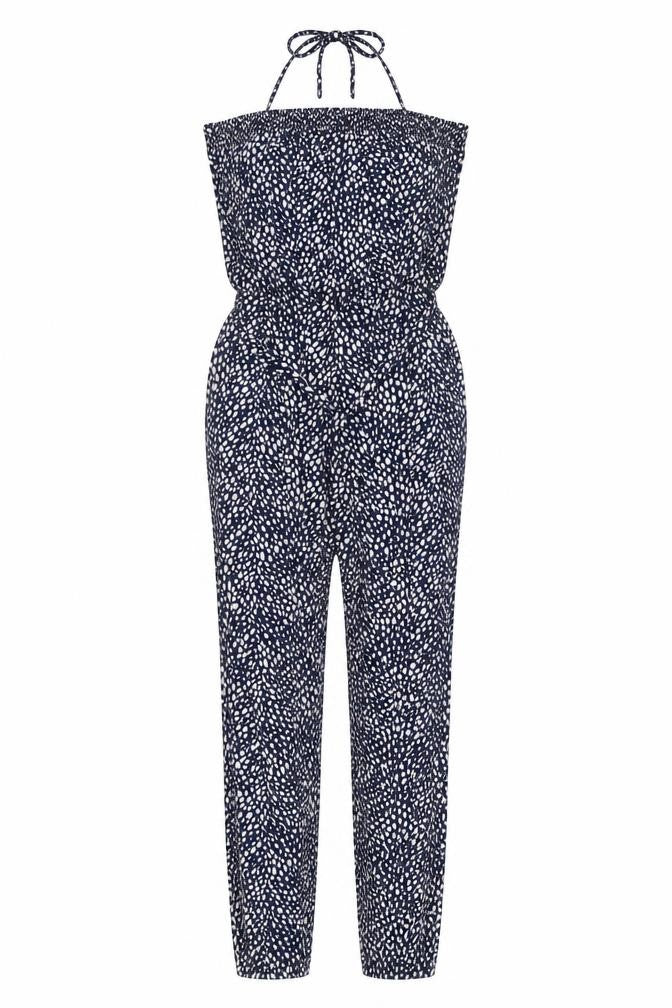 Front view of Oasis Women’s Blue Polka Dot Strapless Jersey Jumpsuit, size S