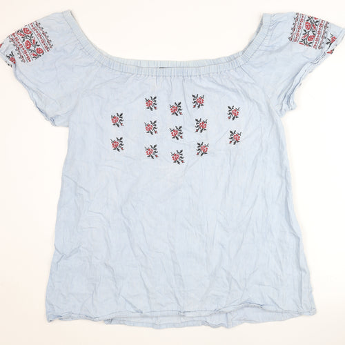Boohoo Women Blue Embroidered Off Shoulder Blouse UK 16