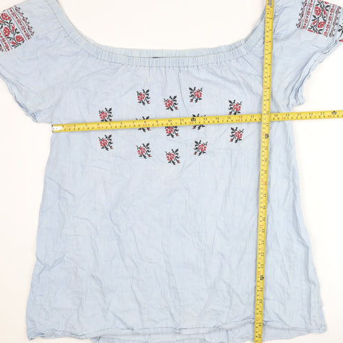 Boohoo Women Blue Embroidered Off Shoulder Blouse UK 16