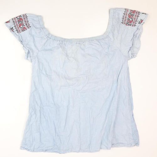 Boohoo Women Blue Embroidered Off Shoulder Blouse UK 16