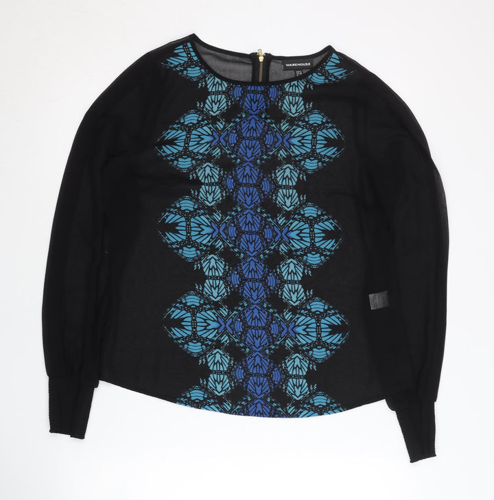Warehouse Women’s Black Geometric Long Sleeve Chiffon Blouse UK 12