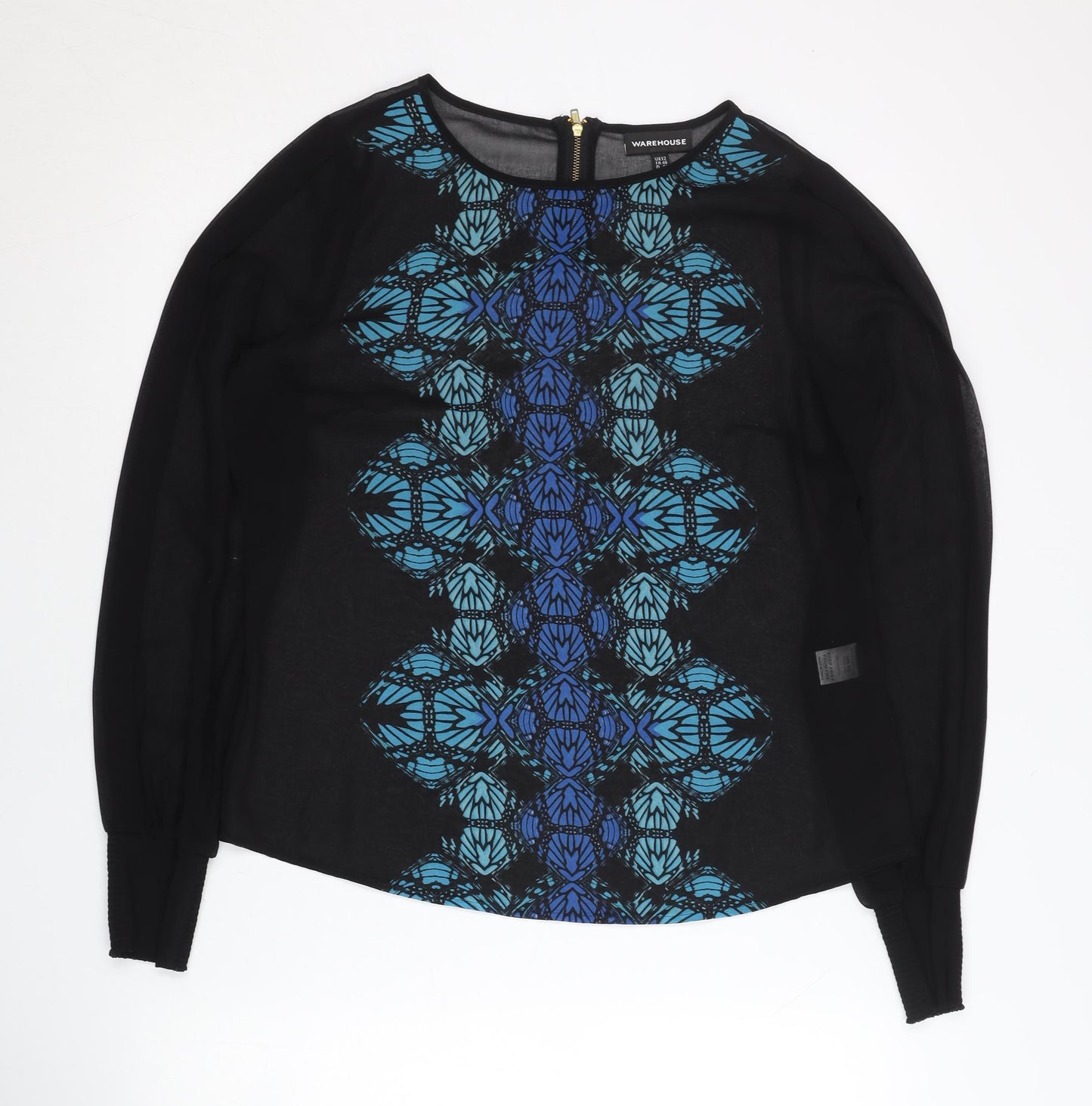 Warehouse Women’s Black Geometric Long Sleeve Chiffon Blouse UK 12
