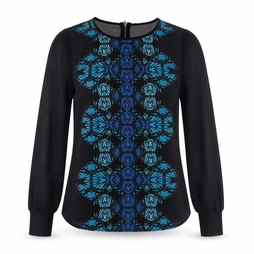 Warehouse Women’s Black Geometric Long Sleeve Chiffon Blouse UK 12