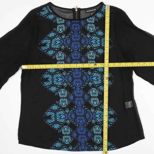 Warehouse Women’s Black Geometric Long Sleeve Chiffon Blouse UK 12